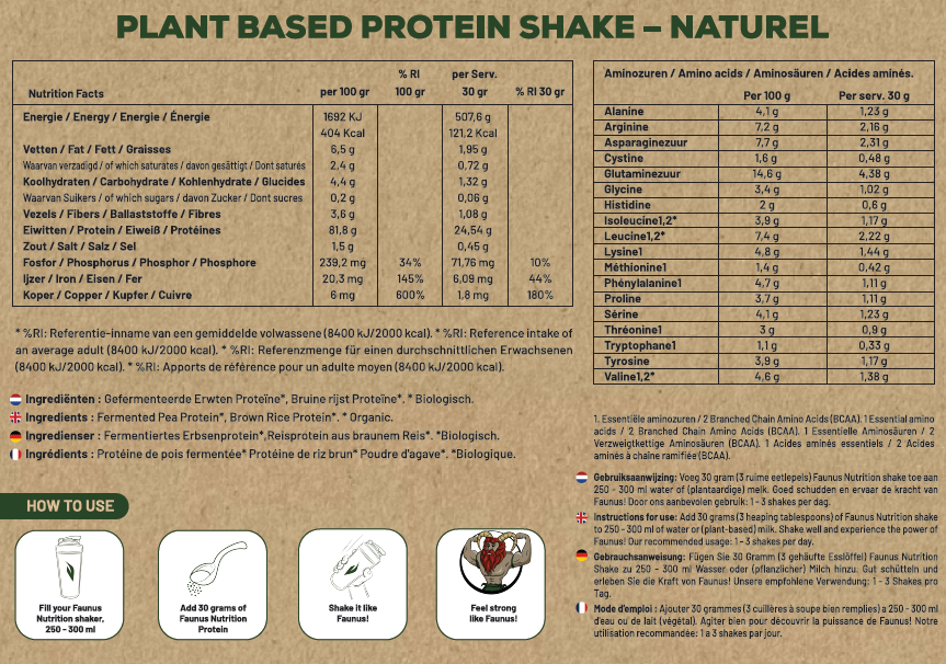 Faunus Nutrition beste proteïne poeder Naturel sample | ingrediënten side|